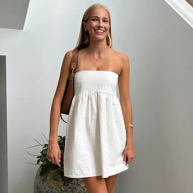 Women's Sleeveless Beach Vacation Elegant Solid Strapless Mini Dress 