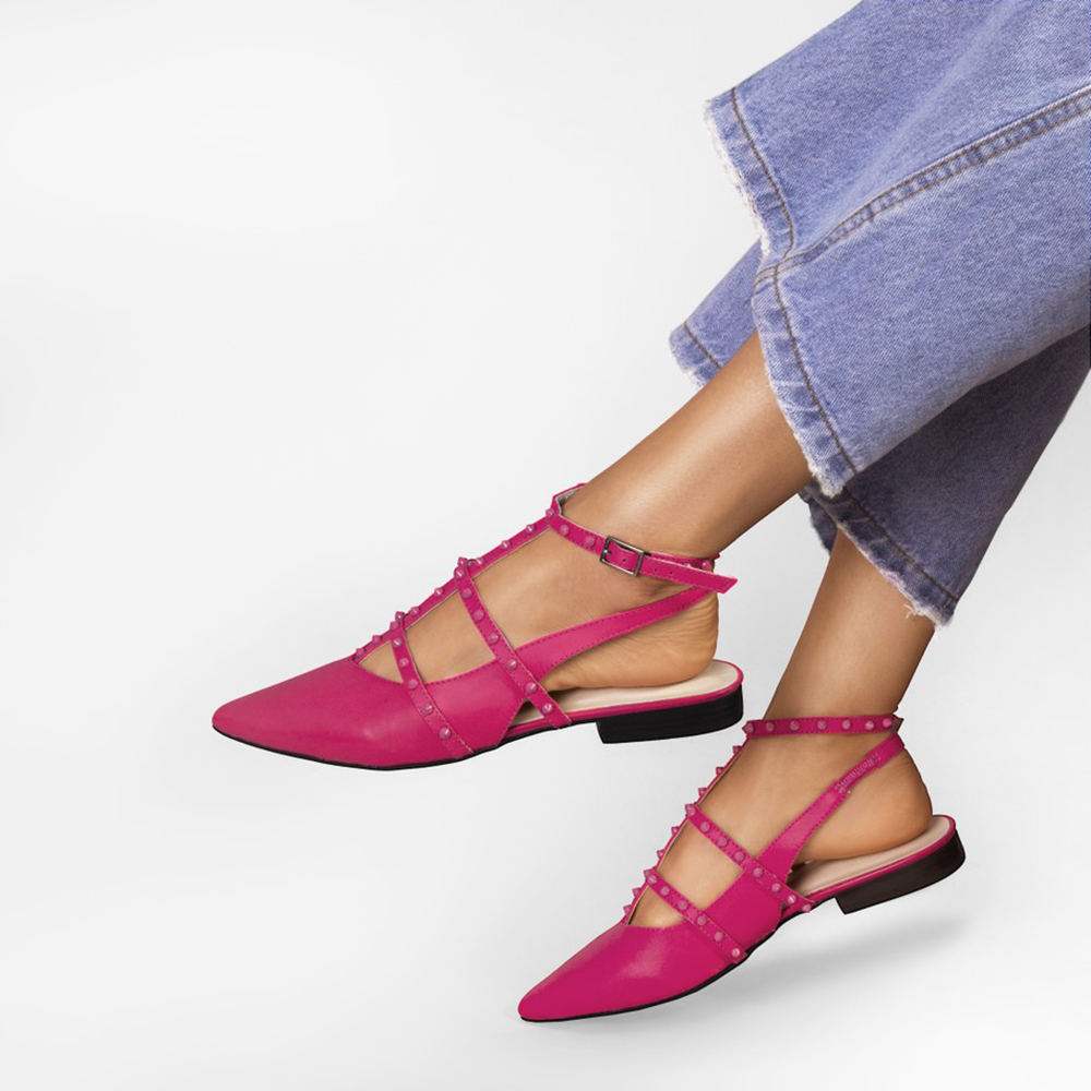 Pink Closed Toe Flat T-Strap Slingback Pumps Nicepairs