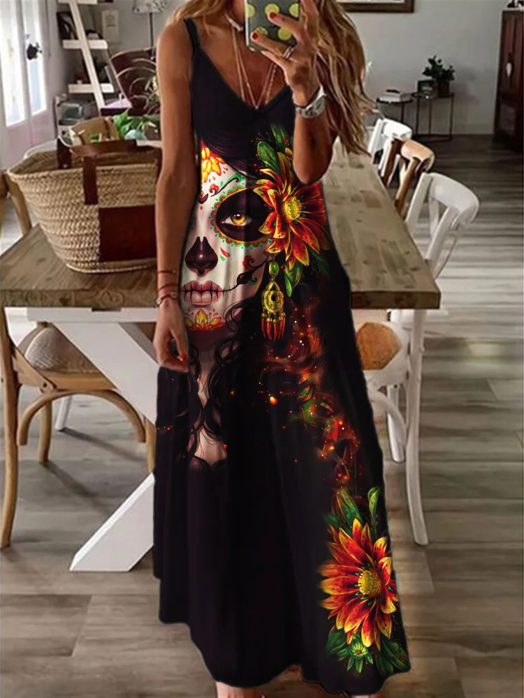 Day of the Dead Floral Art Cami Maxi Dress