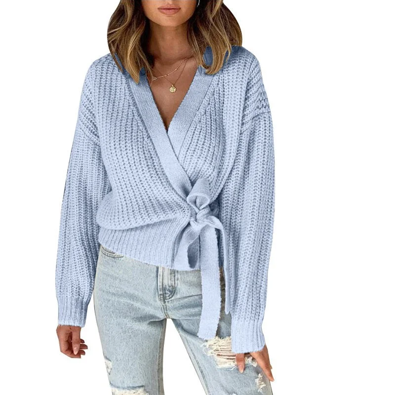 Zoki Cardigans Sweater Women Fashion Bandage Tunic Female Knit Jacket Casual Spring Long Sleeve V Neck Solid Streetwear Jumper