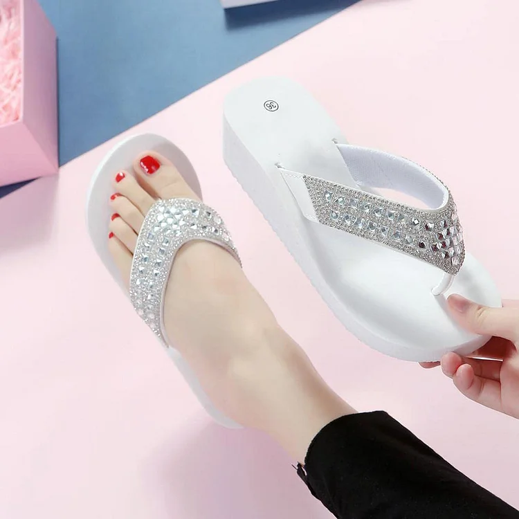 Rhinestone Decor Round Toe Flip Flops Wedge Slippers-Black