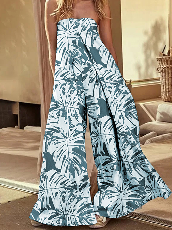 Loose Sleeveless Elasticity Leaves Print Pleated Pockets Tube Jumpsuits BLUE-XL