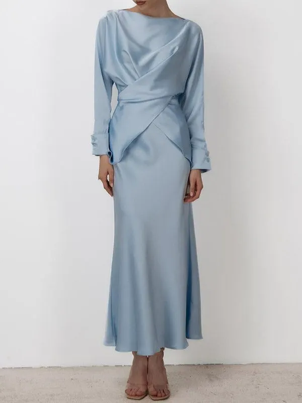 Loose Solid Color Split-Joint Boat Neck Long Sleeves Blouse & Shirt + Skirt Two Pieces Set