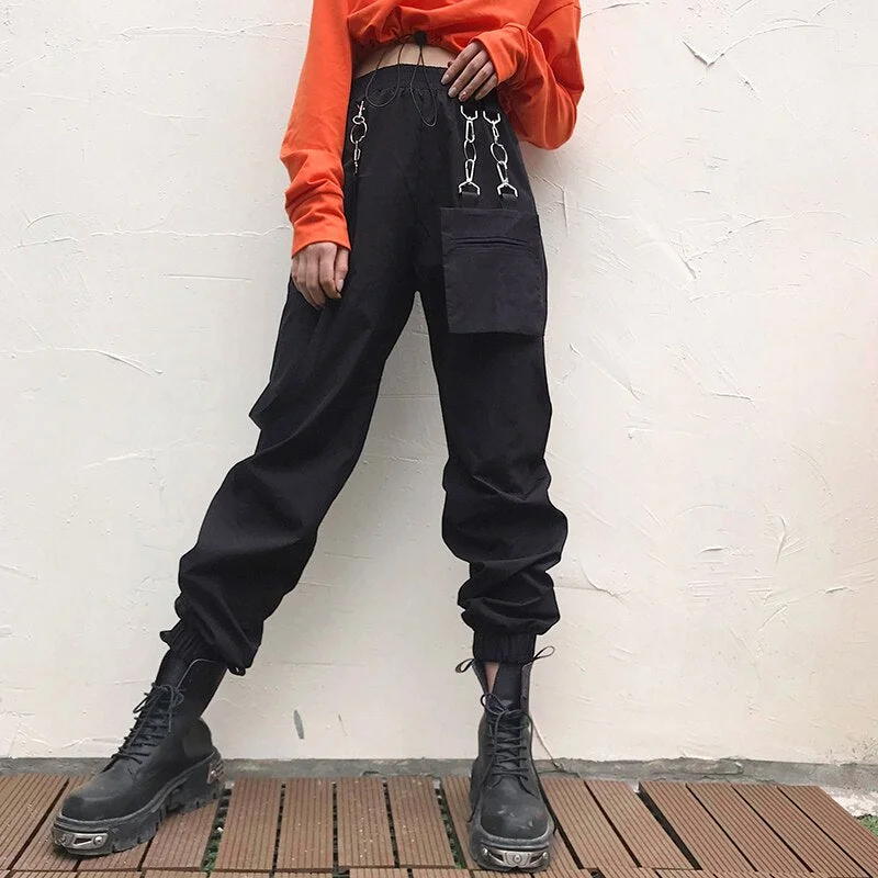 HEYounGIRL Pockets Hip Hop Harajuku Pants Capris Red Black Casual High Waist Trousers Women Streetwear Joggers Ladies with strip
