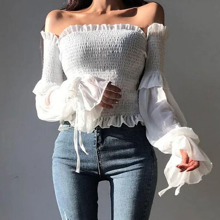 2022 Spring Fashion Women Long Sleeve Off Shoulder Cropped Tops Solid Color Pleated Bow Blouse Ladies Shirt Lace Up Corset 12813