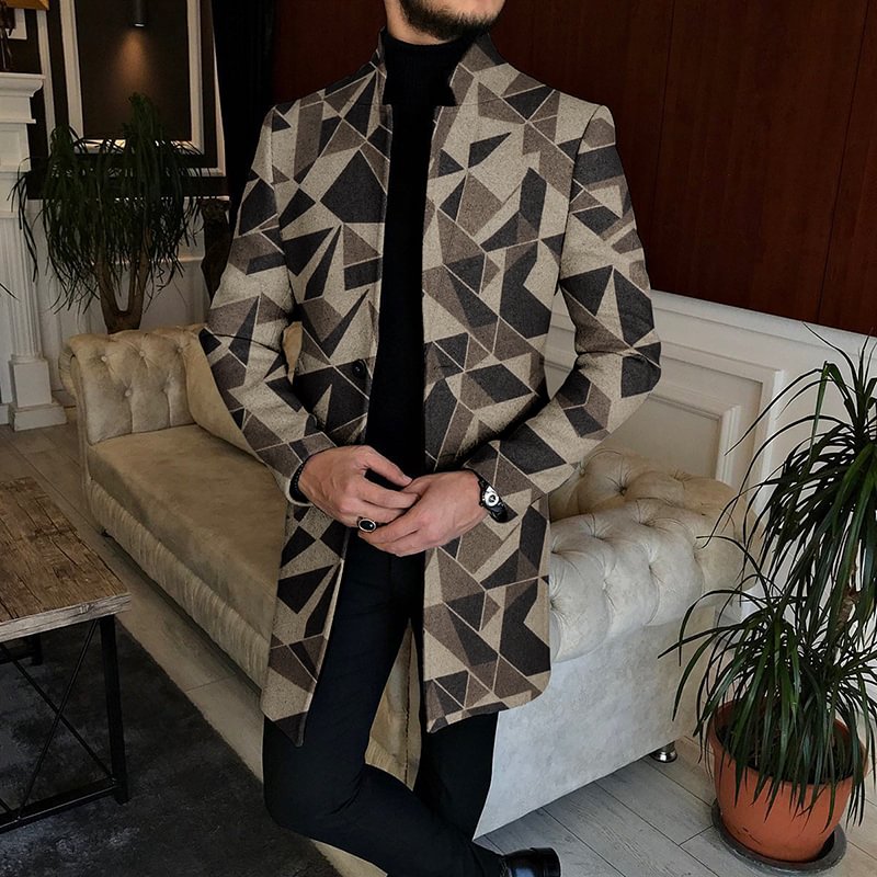 Men's Abstract Color Block Mid Length Tweed Coat