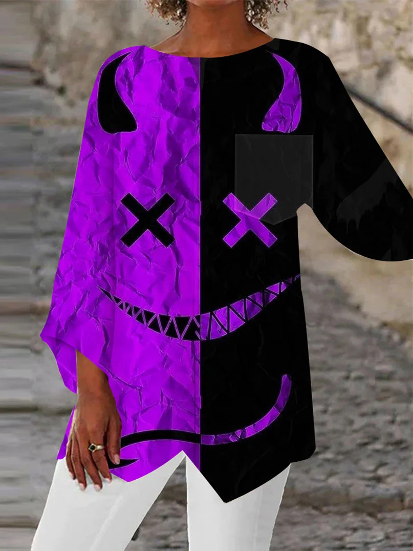 Women's Asymmetrical 3/4 Sleeve Scoop Neck Colorblock Halloween Printed Graphic Tops