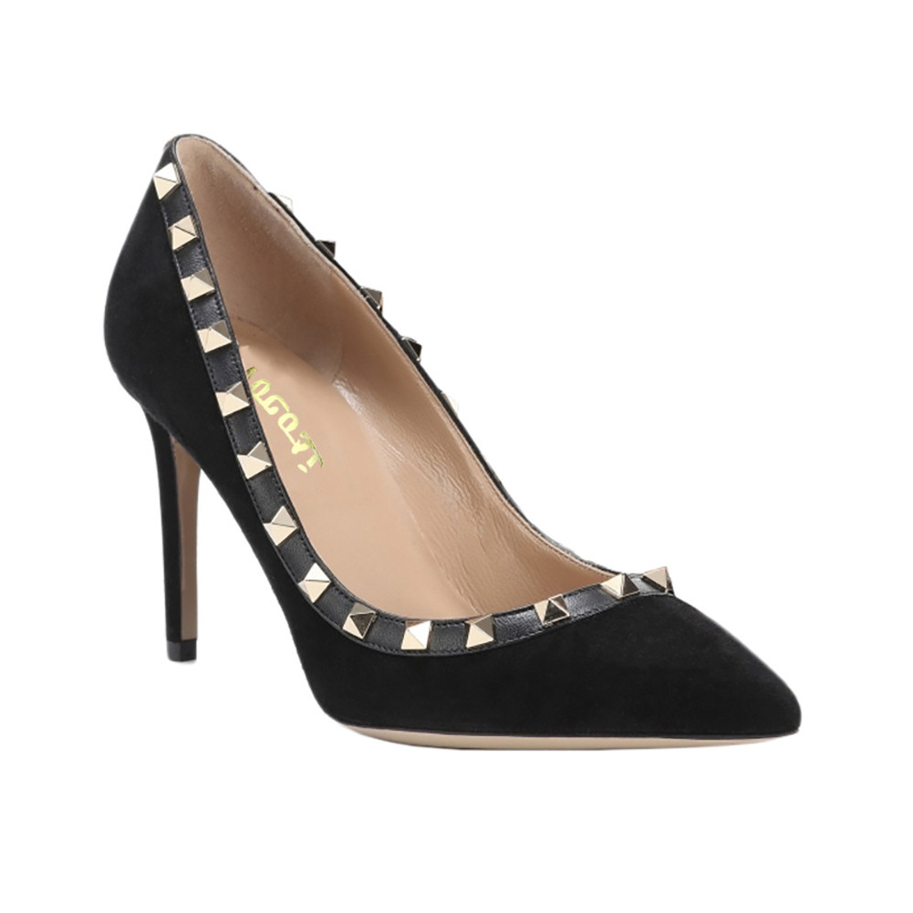 100mm Women's Sexy Pointy Toe Studs Stilettos High Heels Rivets Shoes Black Suede-vocosishoes