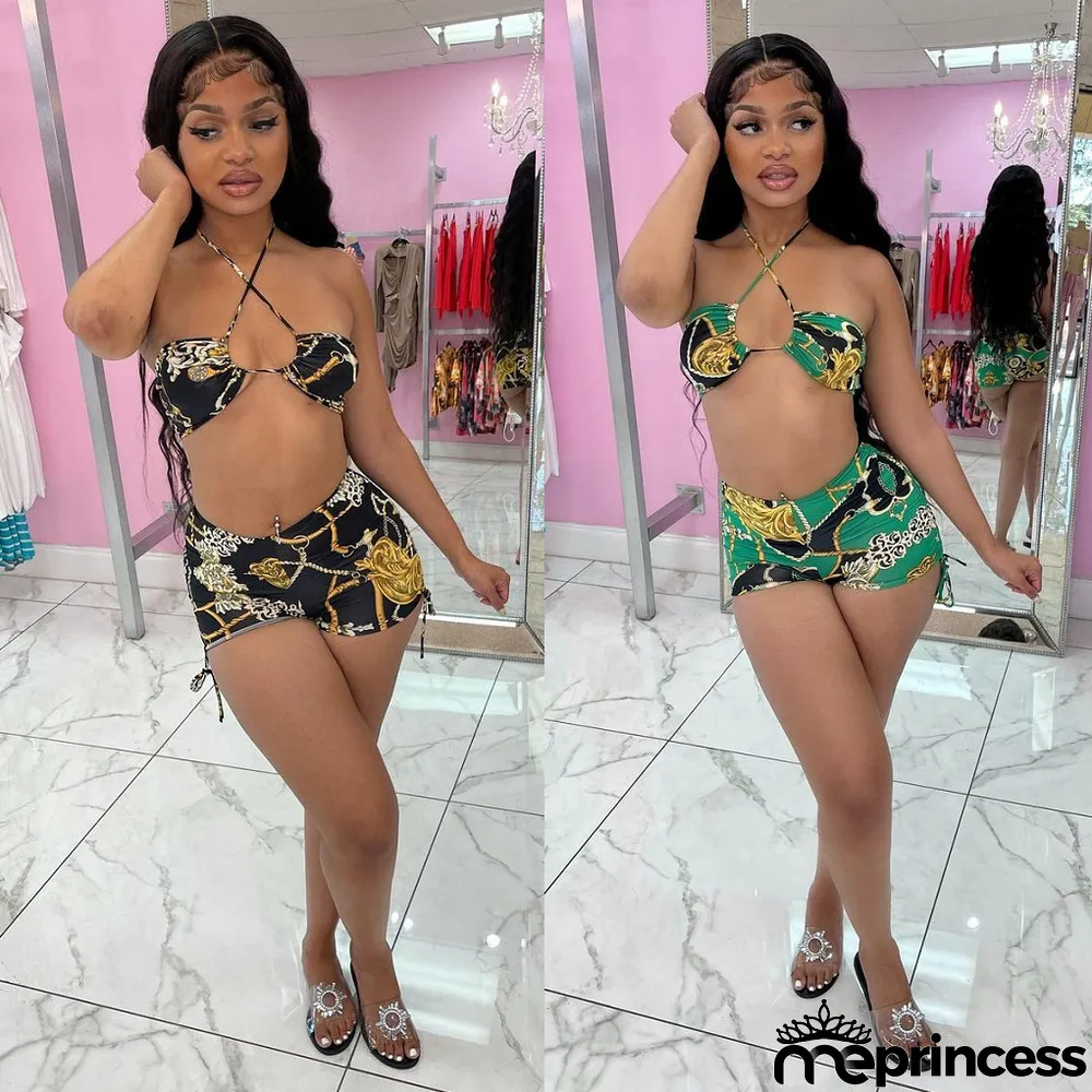 Sexy Printed Halter Two Piece Shorts Set