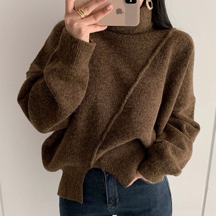 Warm Solid Color Turtleneck Long Sleeve Cashmere Knitted Sweater  