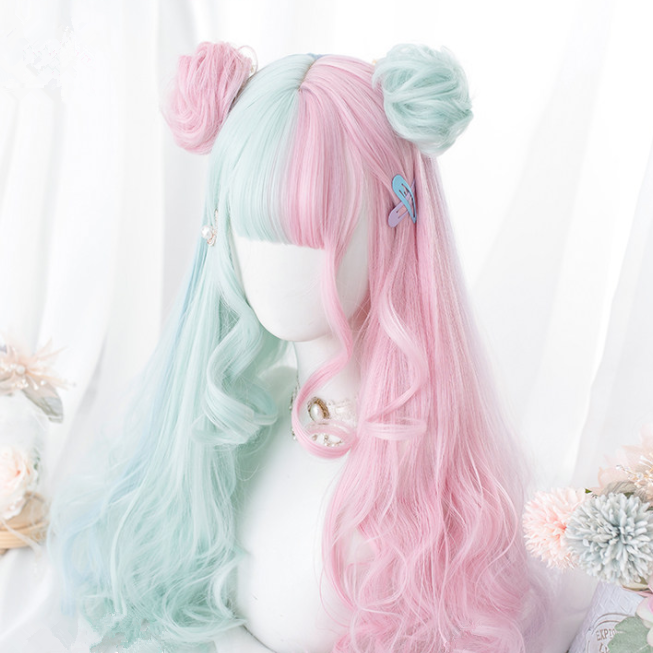 Japanese Harajuku Pink Mint Mixed Princess Wig Kawaii Daily Long Curly Hair Lolita Wig SP163