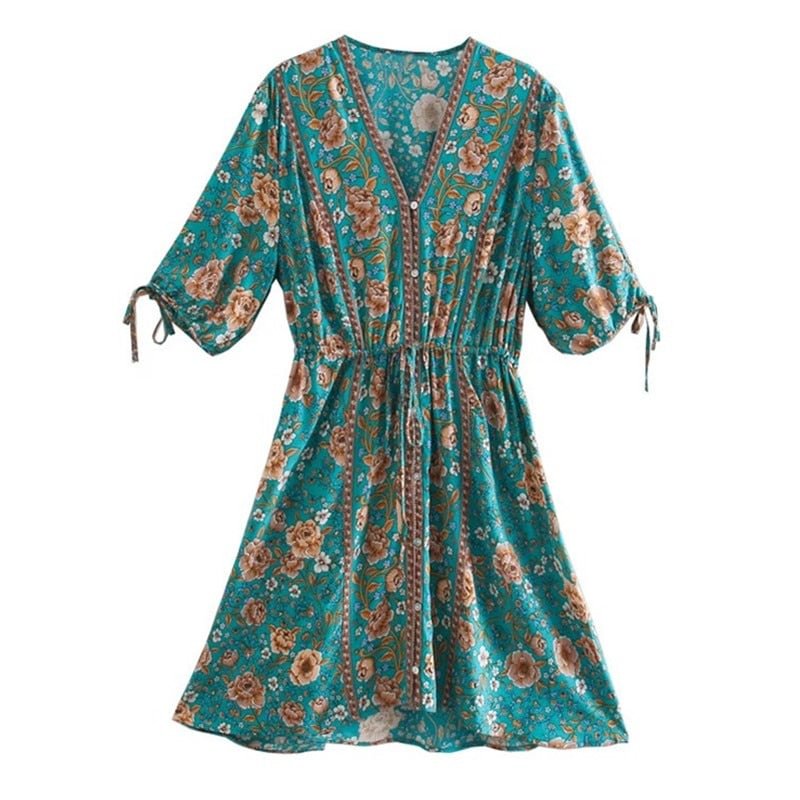Bohemia Contrast color Floral print Short Summer BOHO Dress Holiday Woman Button v neck Adjust Waist Short Sleeve Dresses Beach