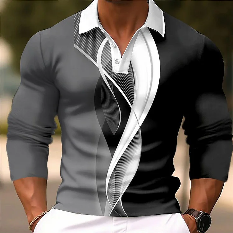 Men's Casual Striped Pattern Buttons Long Sleeve Polo Shirt