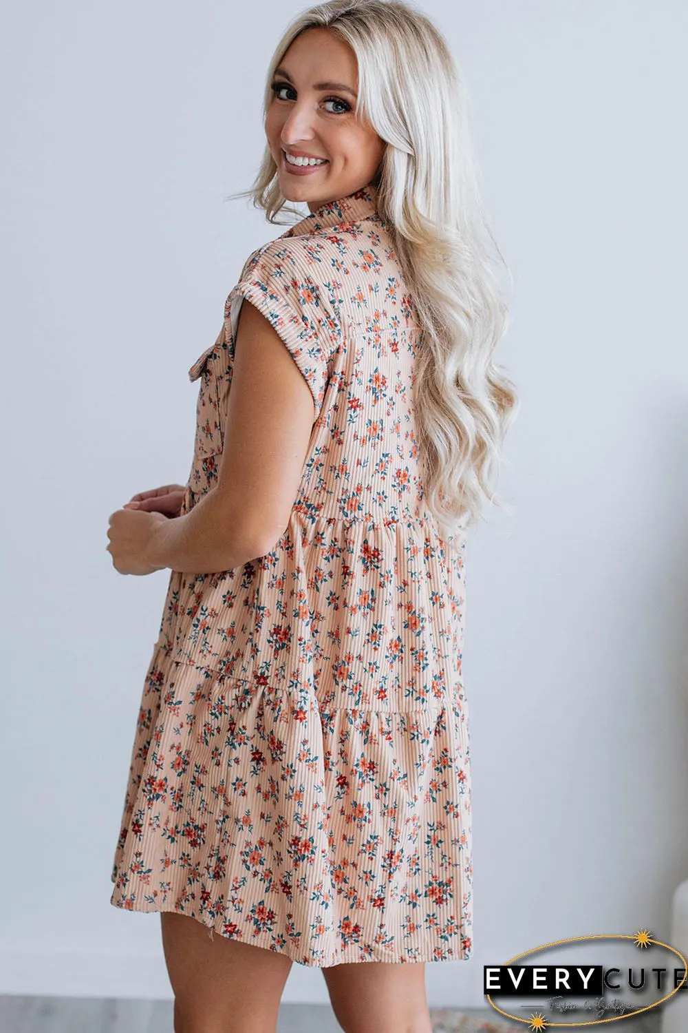 Pink Short Sleeve Flap Pockets Shirt Floral Dress