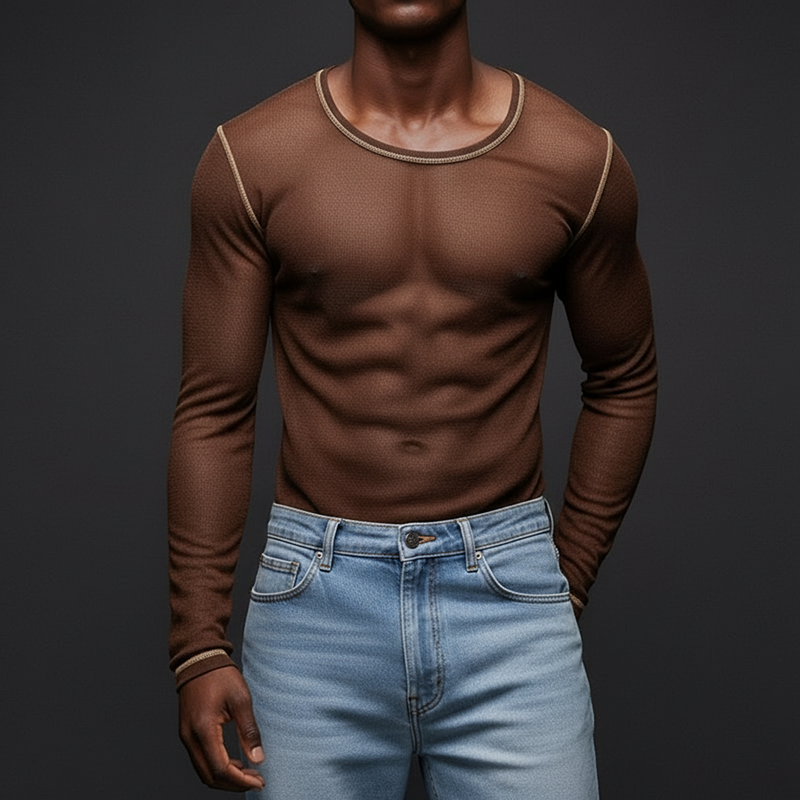 Men's Brown Lightweight Sheer Knitted Mesh Fabric Loose Casual Long-Sleeve T-Shirt-inspireuse