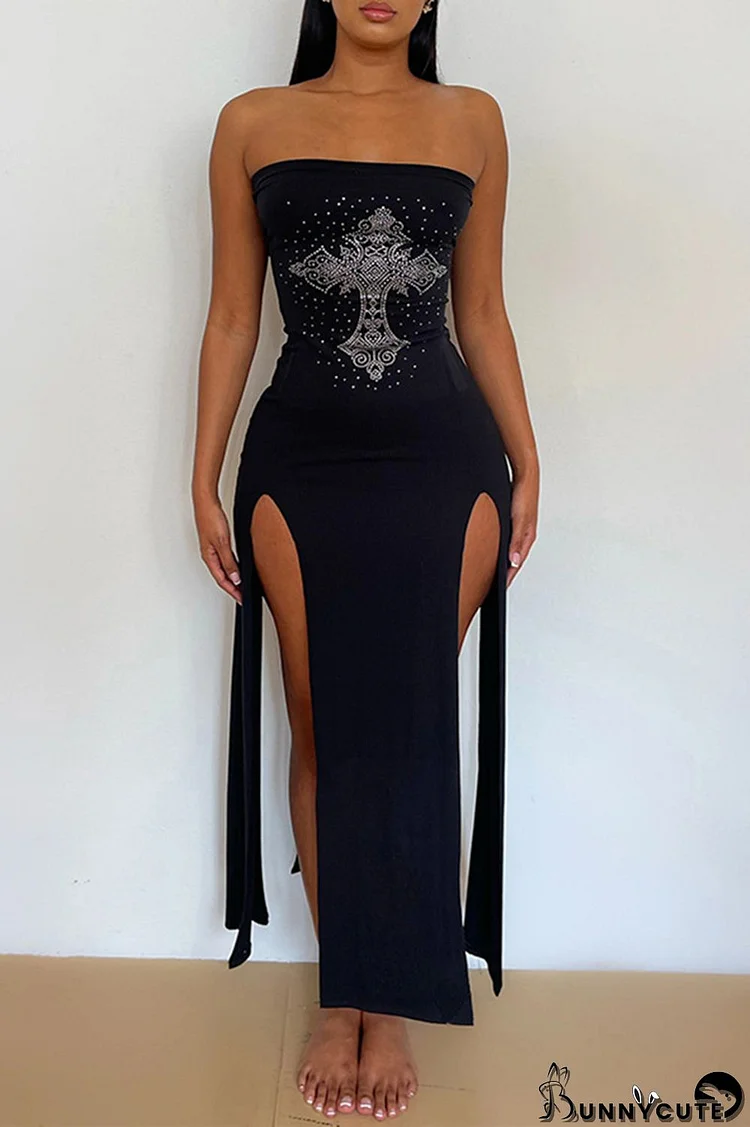 Black Fashion Sexy Patchwork Hot Drilling Backless Slit Strapless Sleeveless Dress