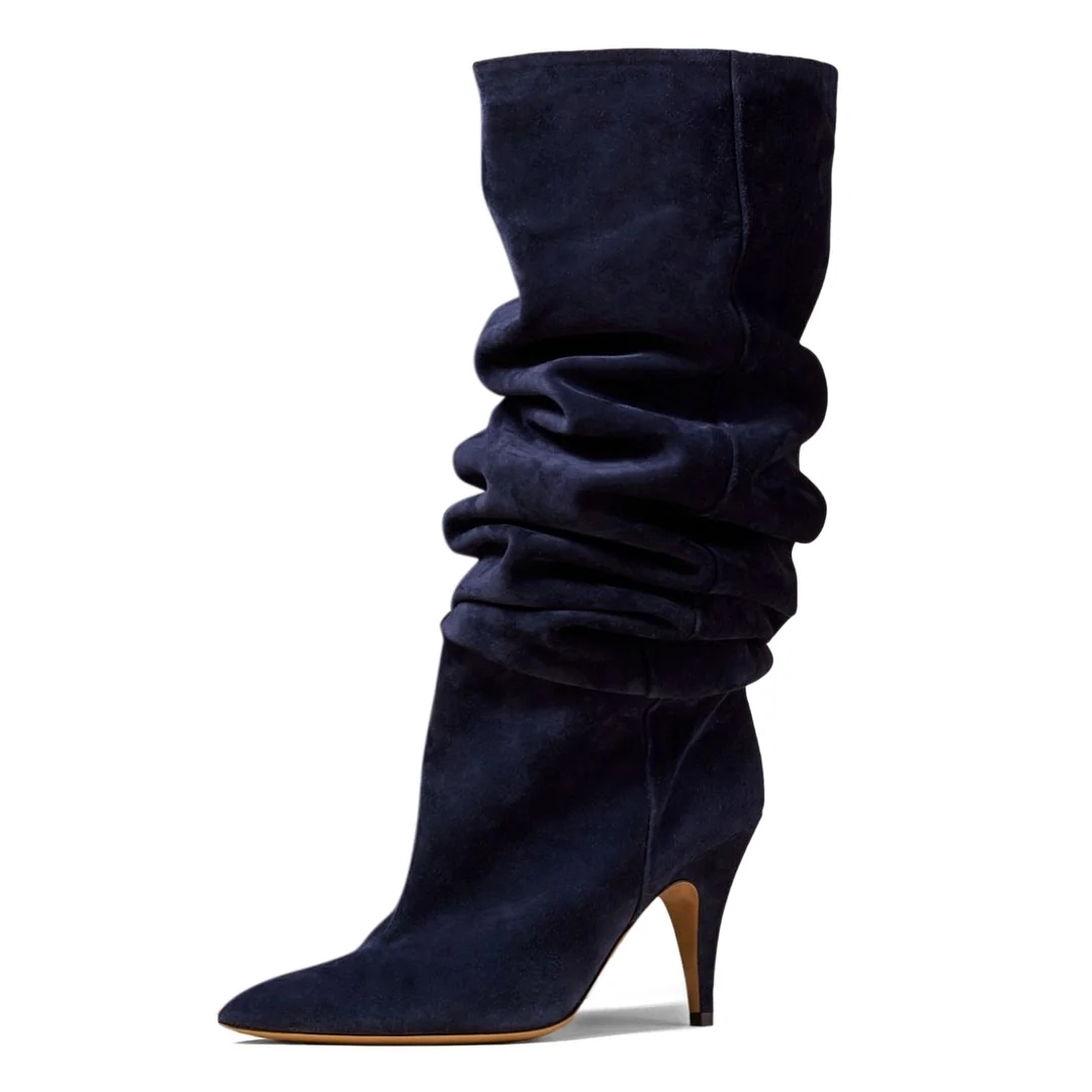 Dark Blue Faux Suede Pointed Toe Fashionable Silhouette Booties