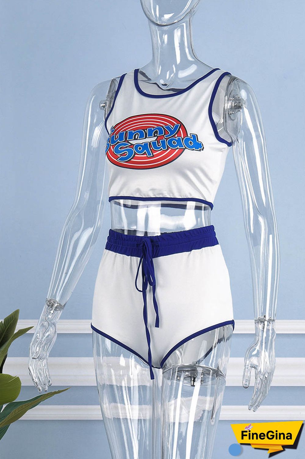 White Party Print Patchwork U Neck Sleeveless Two Pieces