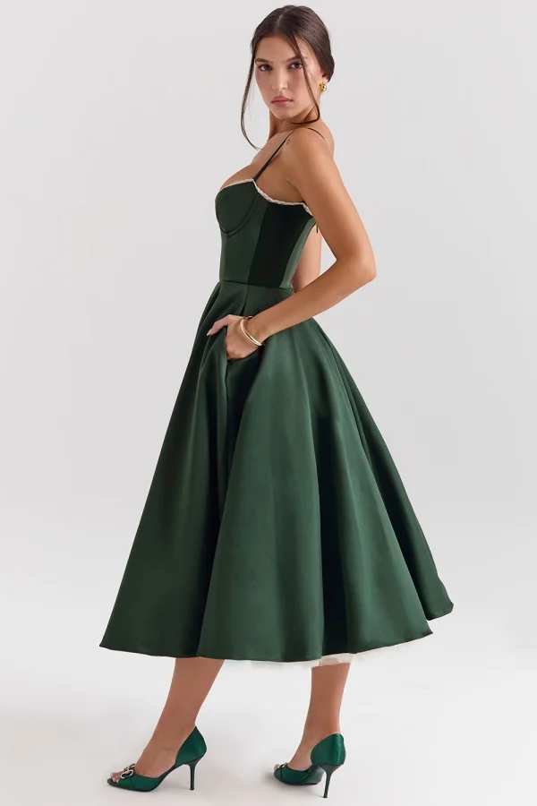 green emerald velvet dress 2PS White Cape with Green Spaghetti Strap 1950s Dress Set, Green / S main image 0