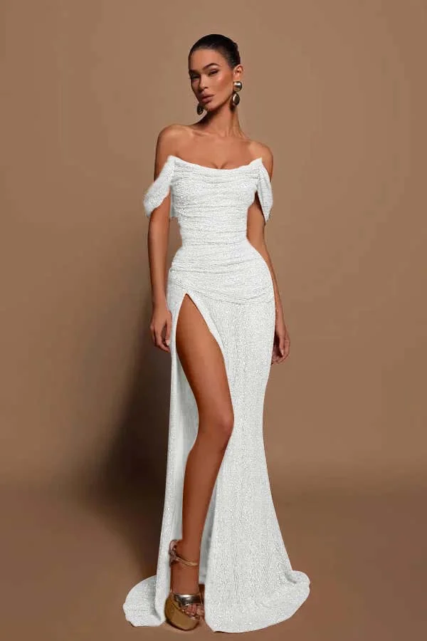 Daisda Glamorous Sequins Off the Shoulder Sleeveless Pleated Long Prom Dress with Split