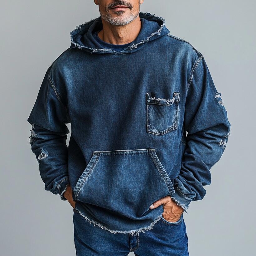 Men's Casual Long Sleeve Raw Edge Pocket Denim Hoodie