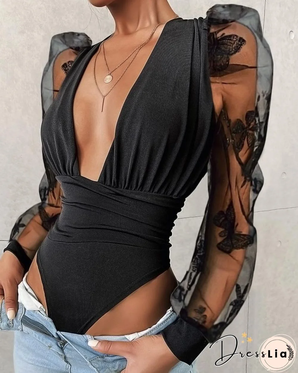 Puff Sleeve Sheer Mesh Bodysuit P14304