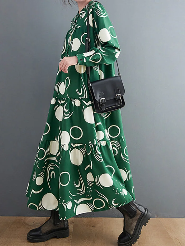 Fashion Button Long Sleeve Print Shirt Dress