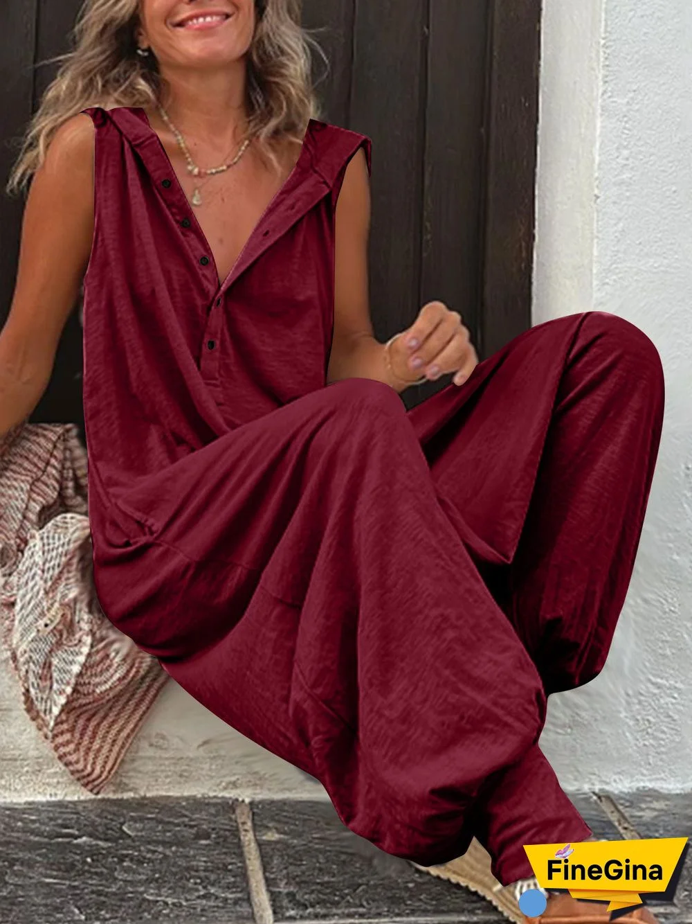 Women's Simple Loose Sleeveless V-neck Jumpsuits