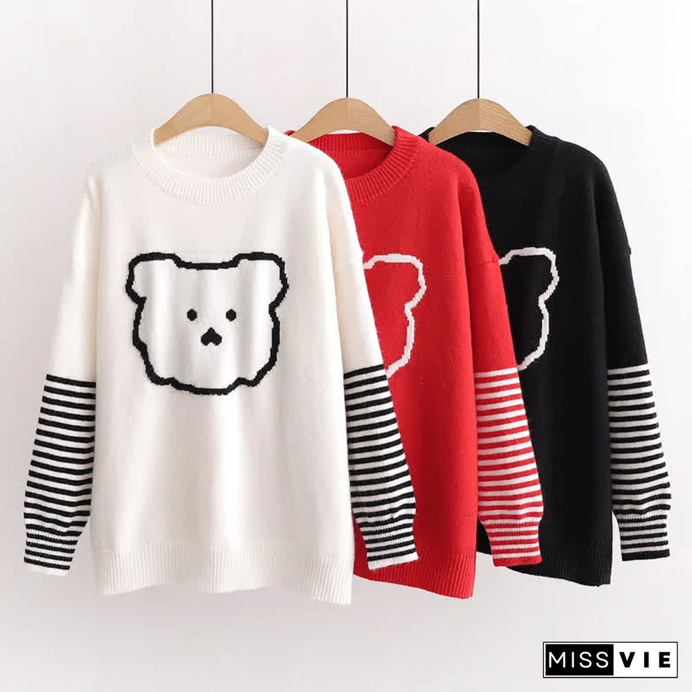 Cartoon Bear Pattern Stripe Sleeve Knit Sweater