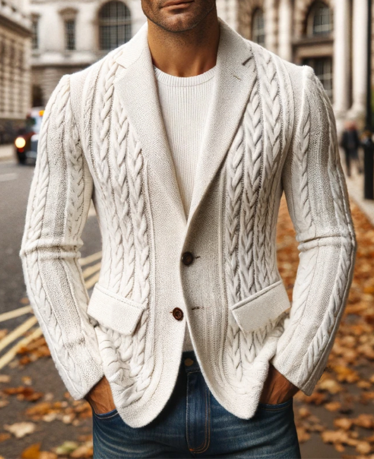 Okaywear Notched Lapel Two Button Cable Knitted Jacket