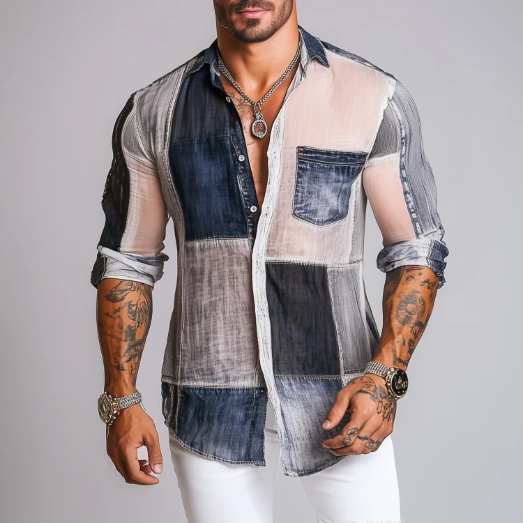 Okaywear Chiffon Patchwork Print Slightly See-Through Long Sleeve Shirt Okaywear