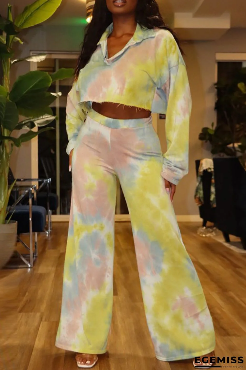 Yellow Fashion Casual Tie Dye Printing Turndown Collar Long Sleeve Two Pieces | EGEMISS