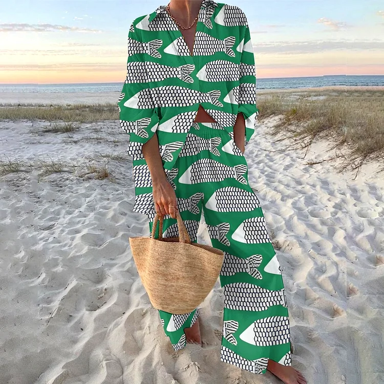 Women's Geometric Fish Printed Shirt & Pants Two-piece Set