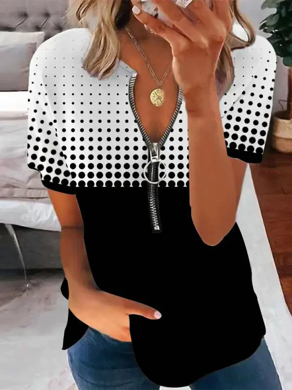 Women Short Sleeve V-neck Zipper Polka Dot Colorblock Tops