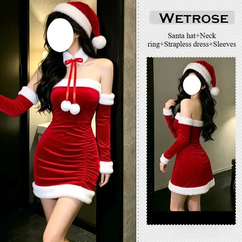 [Wetrose] In Stock Red Velvet Santa Dress White Fur Trim Christmas with Hat Long Sleeve Holiday Party Outfit Cosplay Costume Xmas