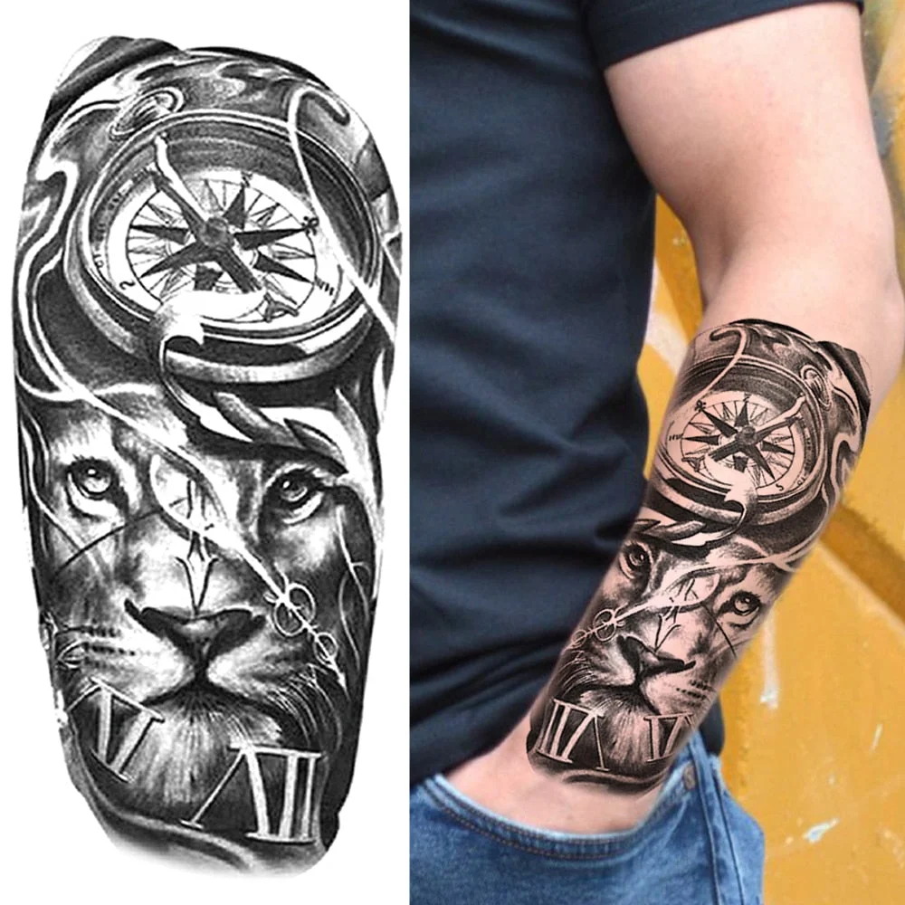 Tribal Tiger Diamond Temporary Tattoos For Women Men Cross Lion Skull Tattoo Sticker Black Wolf Fake Forest Animal Tatoo Forearm