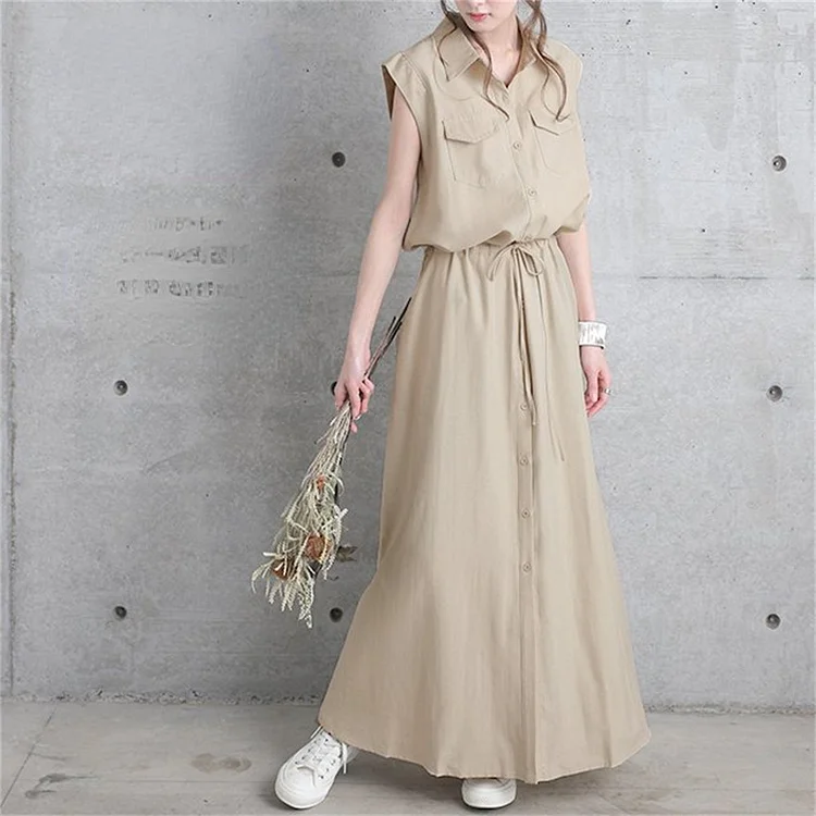 Urban Style Sleeveless Drawstring Tight Waist Maxi Dress