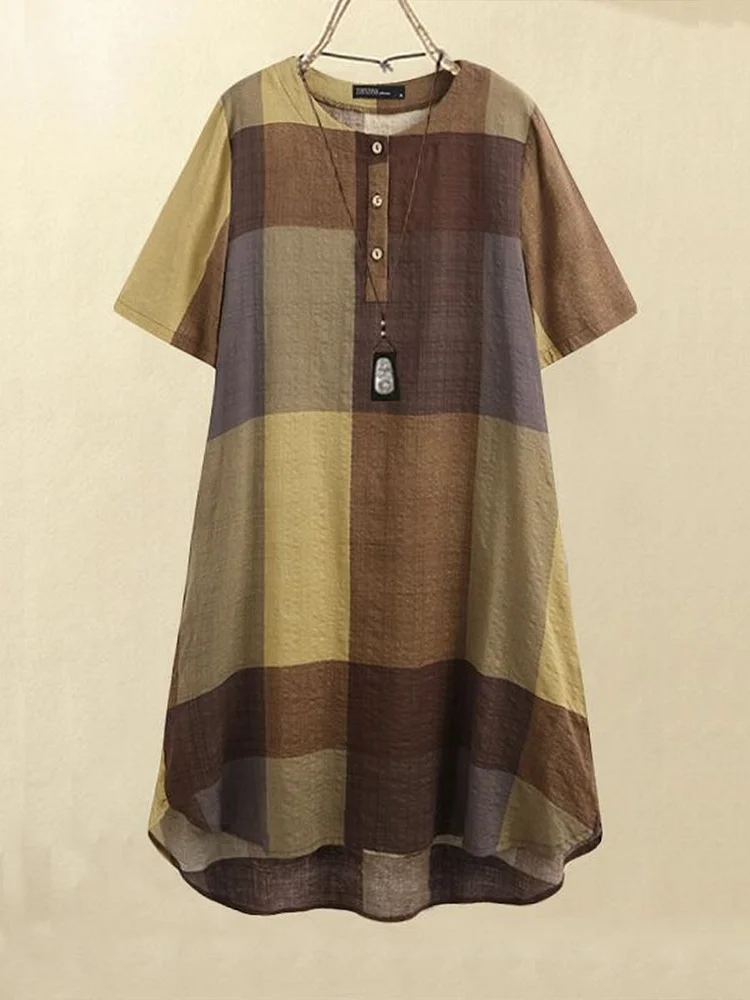 Women's Check Front Short Back Long Button Cotton Linen Dress