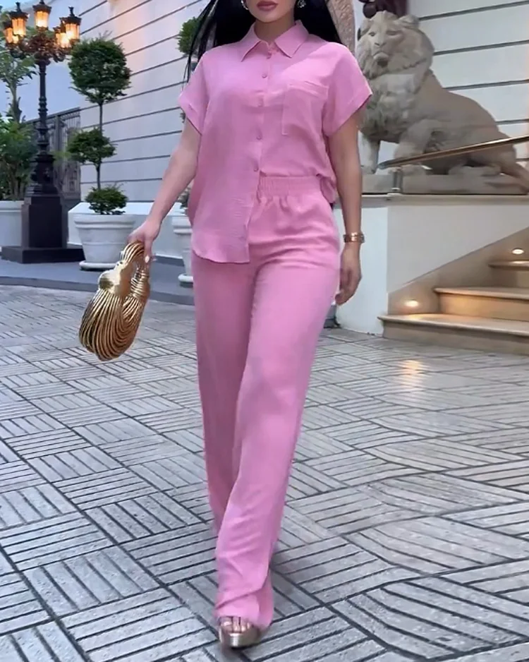 Lapel short-sleeved solid color two-piece suit