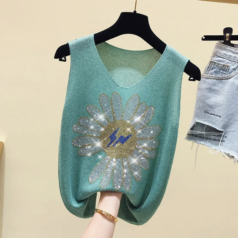 NEEDBO Diamond Tank Vests Women Tops V-neck Solid Fashion Female Sleeveless Casual Thin Top Pink Green Summer Knit Tee Shirt