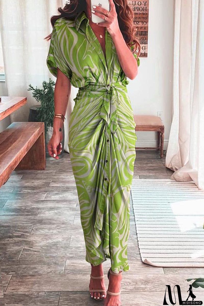 MidiSono - Casual Print Patchwork Turndown Collar Shirt Dress Short Sleeve Dress
