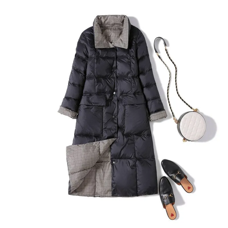 FTLZZ New Autumn Winter Women Double Sided Ultra Light Long Down Coat 90% White Duck Down Parkas Warm Snow Plaid Outwear