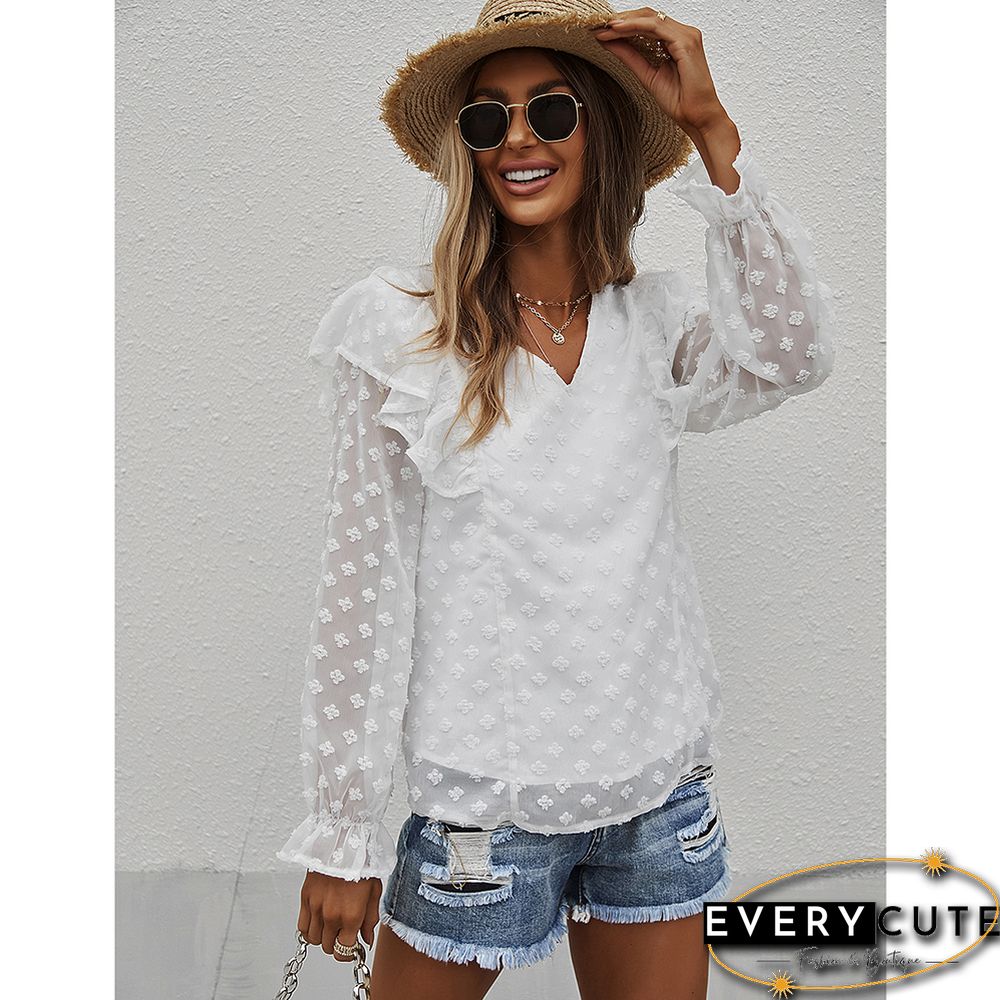 White Ruffle Detail V Neck Blouse