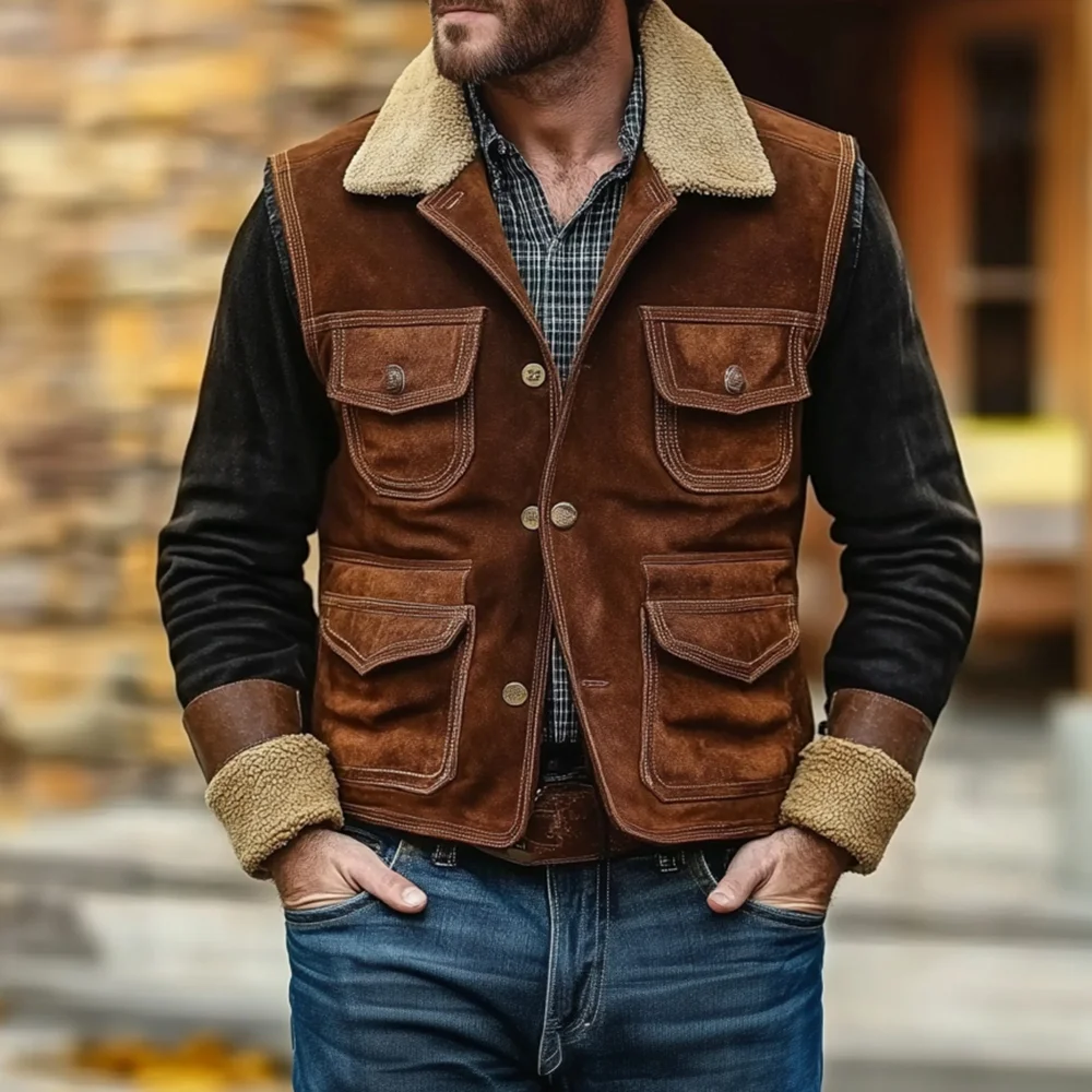 Men's Vintage Suede Multi-Pocket Outdoor Fur Collar Vest Jacket