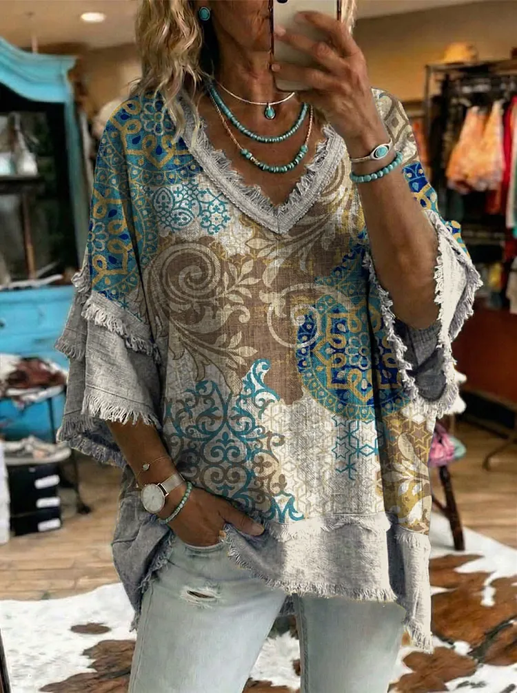 Vintage Art Patchwork Cotton And Linen Shirt