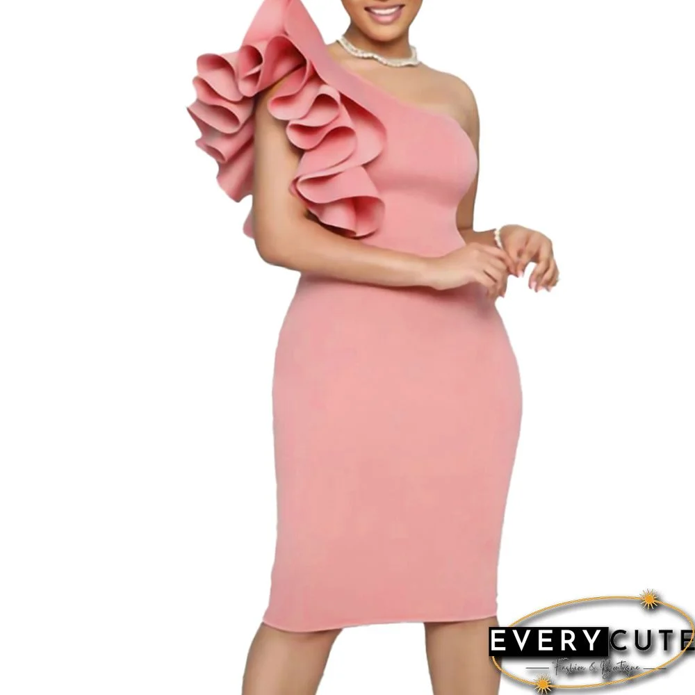 Pink Sleeveless Ruffled One Shoulder Bodycon Dress