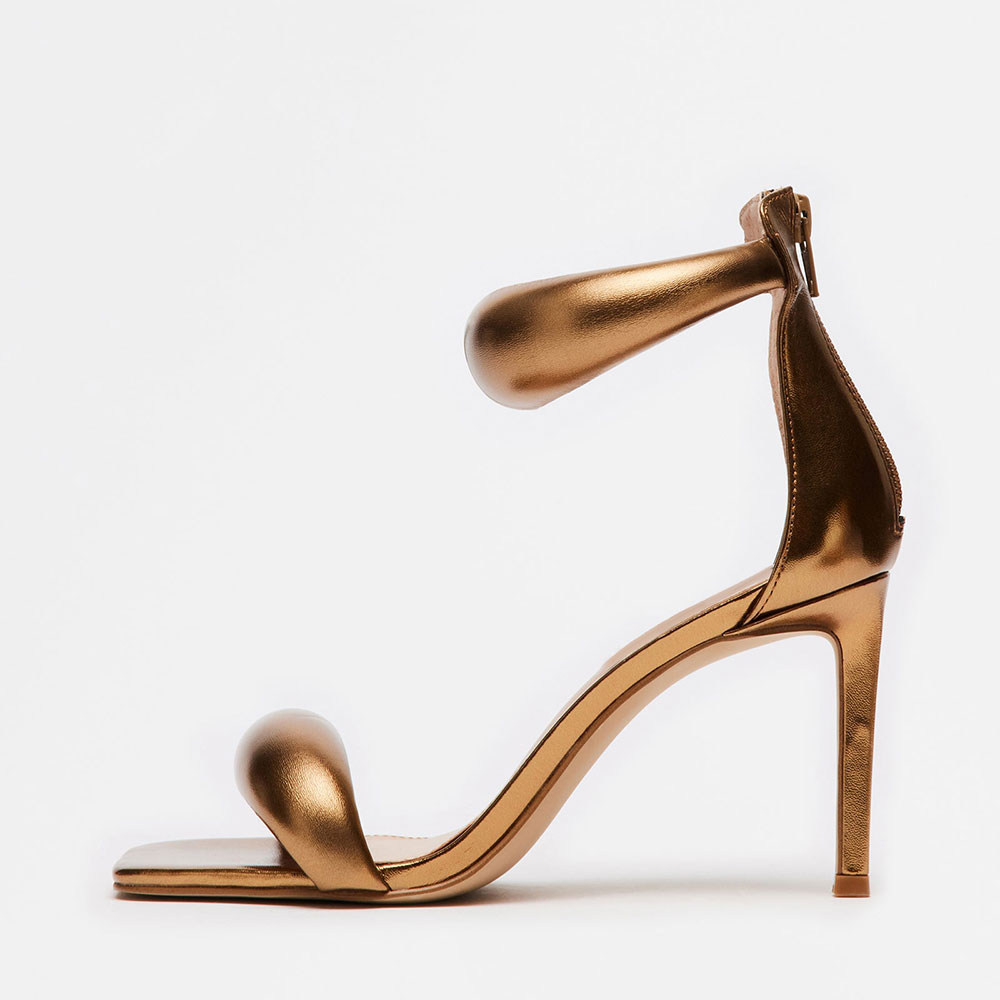 Gold Square Toe Stiletto Heel Women Sandals with Ankle Strappy Nicepairs