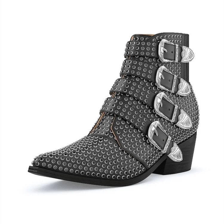 Black Buckles Studs Fashion Boots Block Heel Ankle Boots |FSJ Shoes