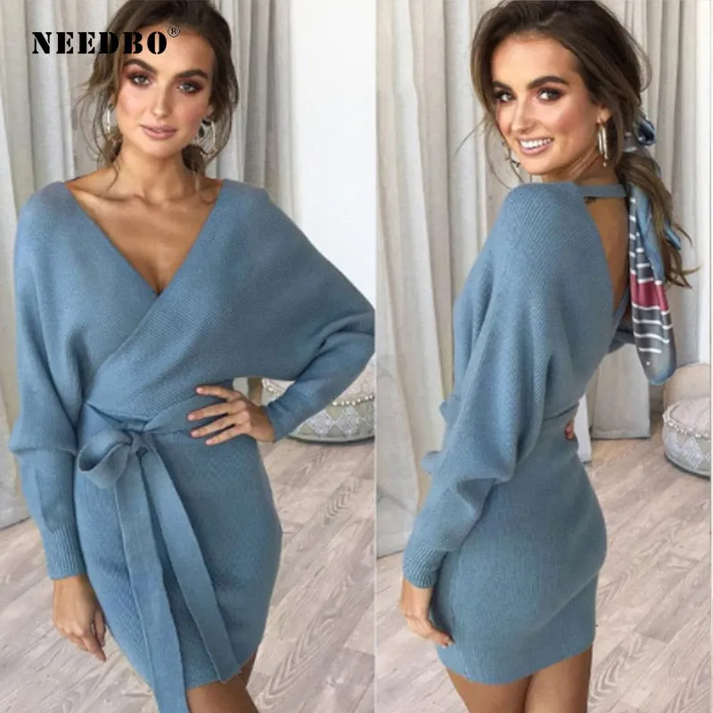 NEEDBO Women Dress Casual Elegant Knitted Mini Dress Autumn Winter Ladies Sexy Sweater Dress Long Sleeve Vintage Korean Dresses