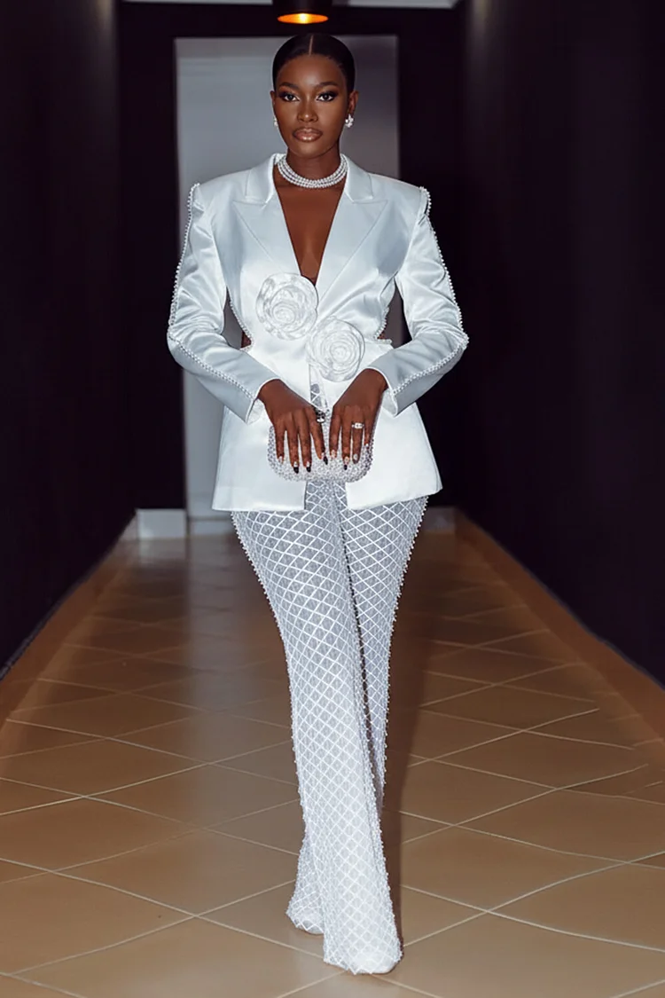 Peak Lapel Collar Satin Cut Out Top Mesh Pants 2pcs Set-White [Pre Order]